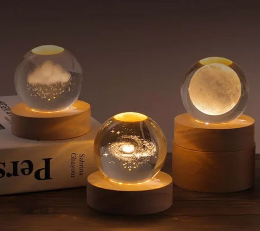 3d Galaxy Solar System Crystal Ball Night Light With Wooden Base, For Boys And Girls – Moon Lamp – World Lamp – Satellite Lamp